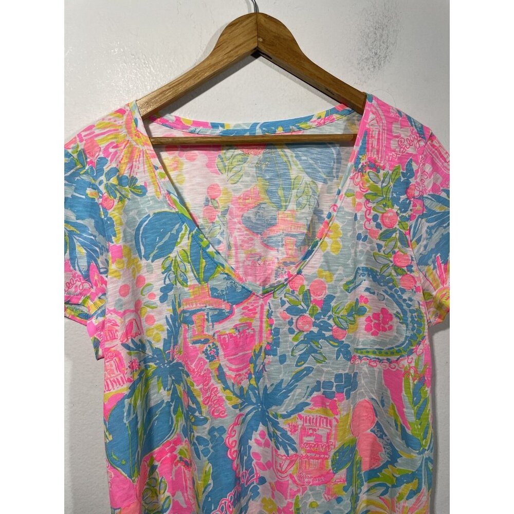 Lilly Pulitzer Etta V-Neck Top Short Sleeve Multi Sunshine State Of Mind Sz L - Picture 2 of 9